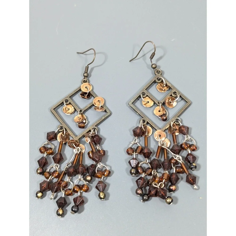 Boho Western Bronze Tone Brown Chandelier Dangle Long Earrings Festival‎